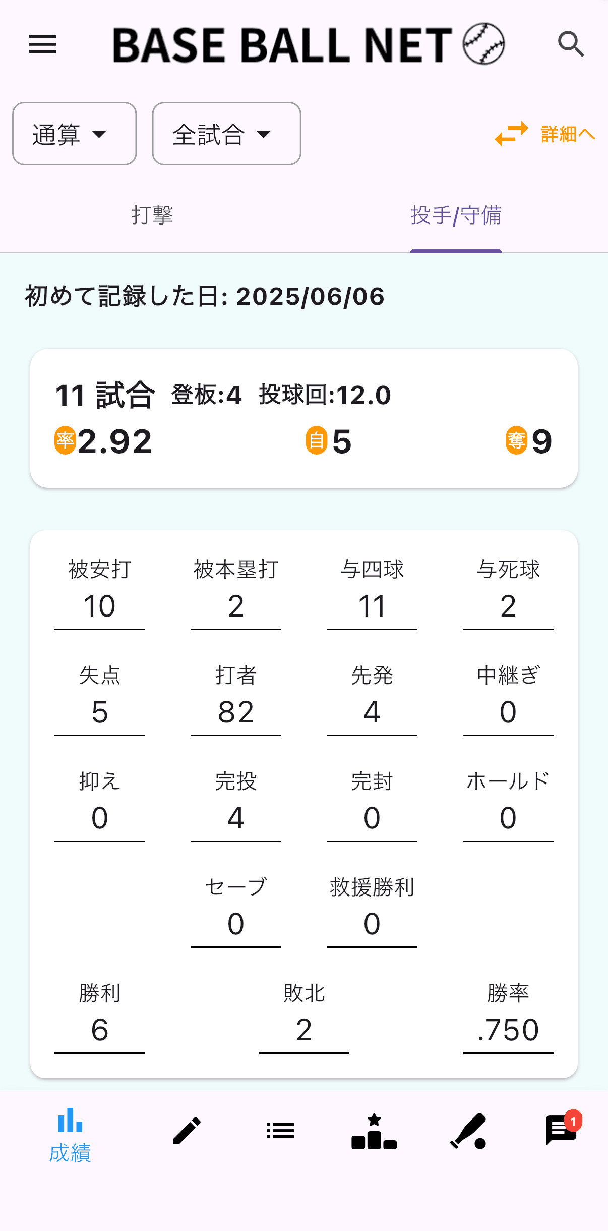 投手成績の画面